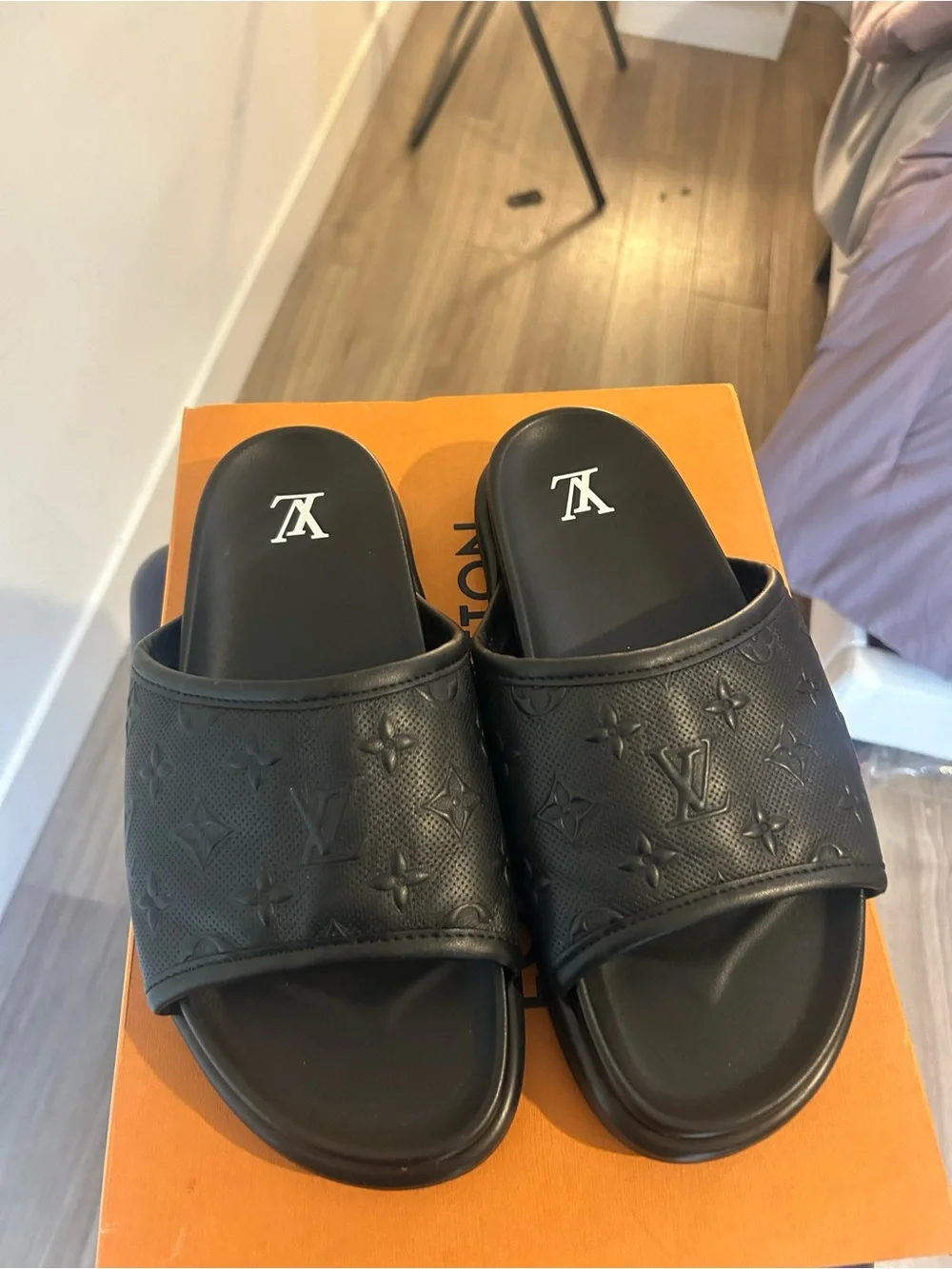 Louis Vuitton Black Embossed Monogram Slide Sandals